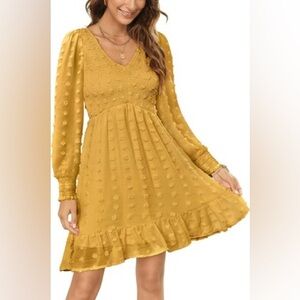 Zattcas Mustard Yellow Gold Smocked Long Sleeve Flowy Dress Womens Small NEW NWT
